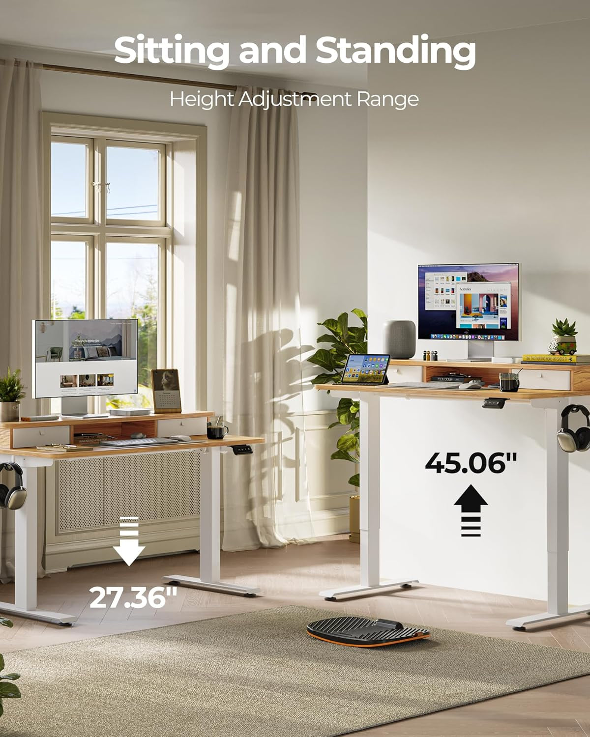 48 X 24 Inch Height Adjustable Electric Standing Desk with Double Drawer, Computer Desk, Home Office Stand up Table with 4 Height-Adjustable Feets & 2 Hooks, Light Rustic