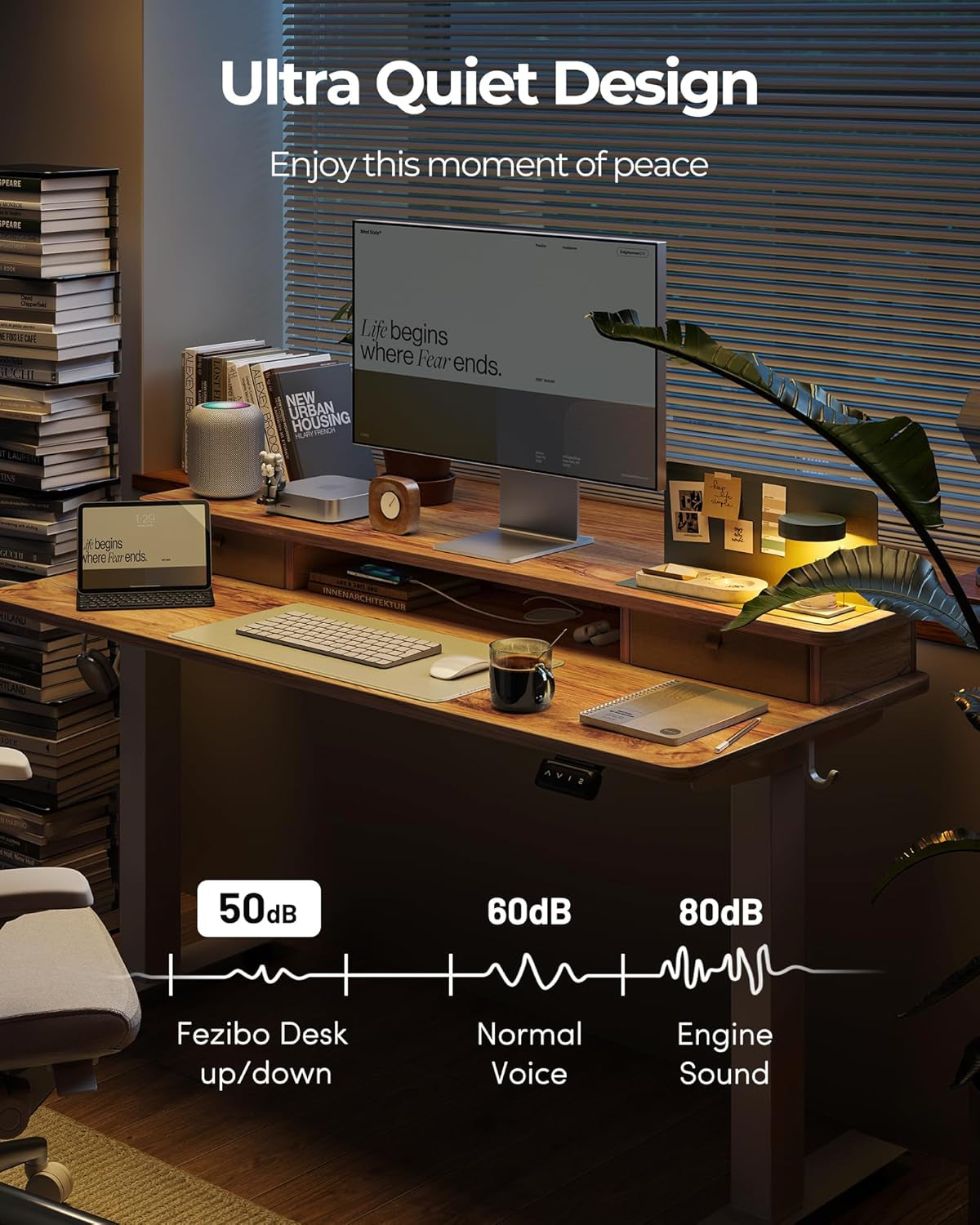 48 X 24 Inch Height Adjustable Electric Standing Desk with Double Drawer, Computer Desk, Home Office Stand up Table with 4 Height-Adjustable Feets & 2 Hooks, Light Rustic