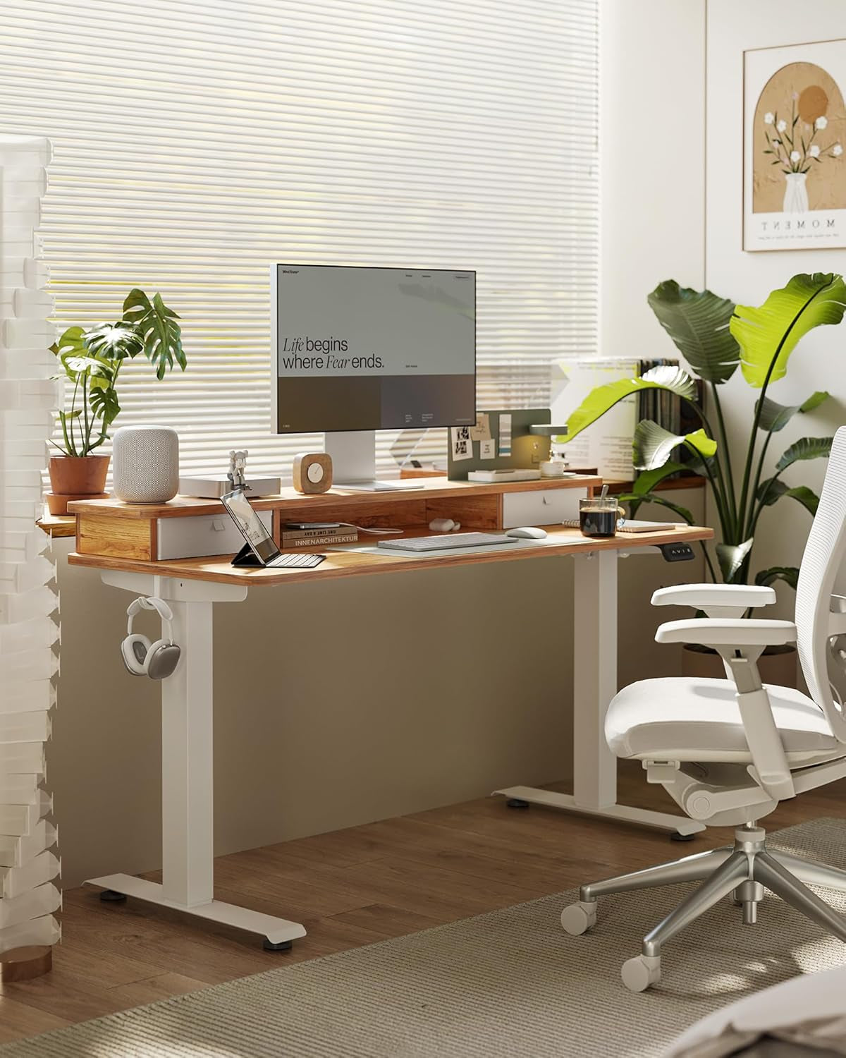 48 X 24 Inch Height Adjustable Electric Standing Desk with Double Drawer, Computer Desk, Home Office Stand up Table with 4 Height-Adjustable Feets & 2 Hooks, Light Rustic