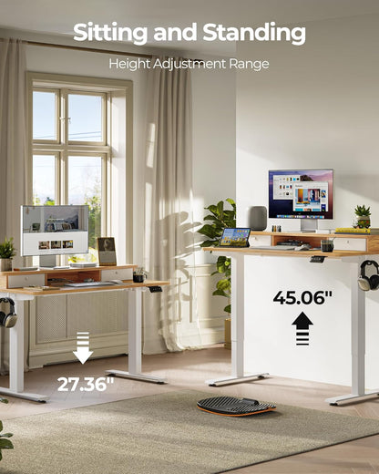 48 X 24 Inch Height Adjustable Electric Standing Desk with Double Drawer, Computer Desk, Home Office Stand up Table with 4 Height-Adjustable Feets & 2 Hooks, Light Rustic
