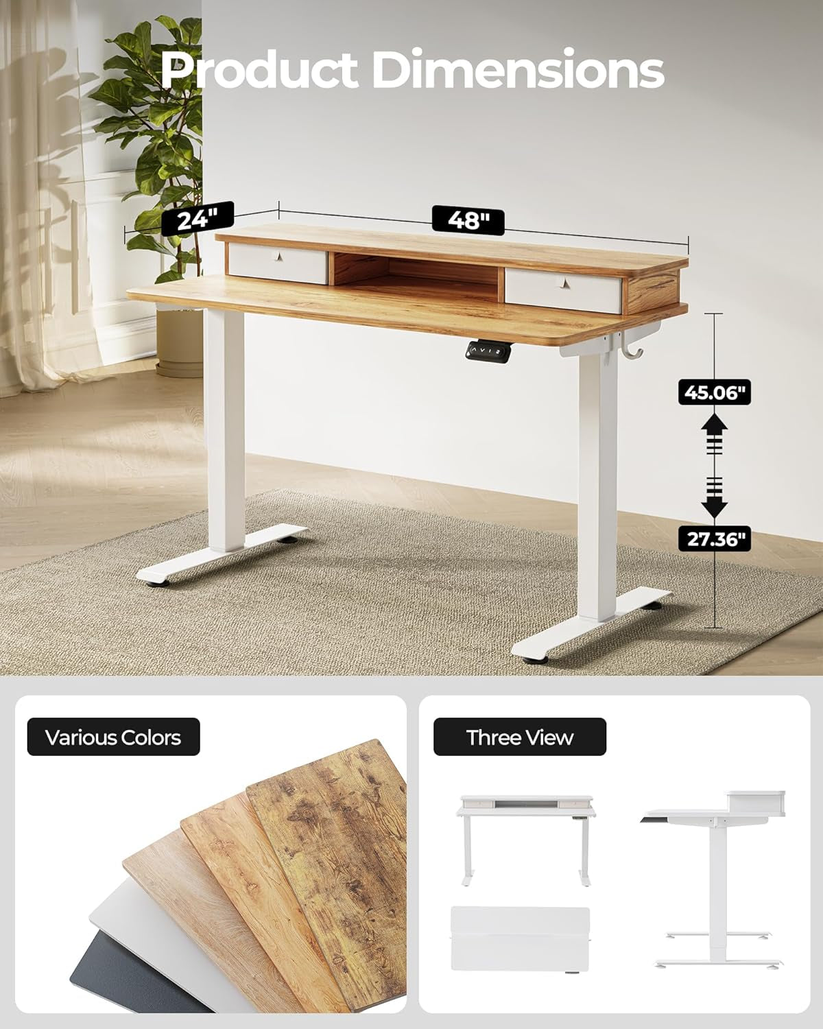 48 X 24 Inch Height Adjustable Electric Standing Desk with Double Drawer, Computer Desk, Home Office Stand up Table with 4 Height-Adjustable Feets & 2 Hooks, Light Rustic