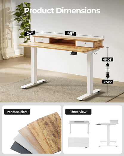 48 X 24 Inch Height Adjustable Electric Standing Desk with Double Drawer, Computer Desk, Home Office Stand up Table with 4 Height-Adjustable Feets & 2 Hooks, Light Rustic