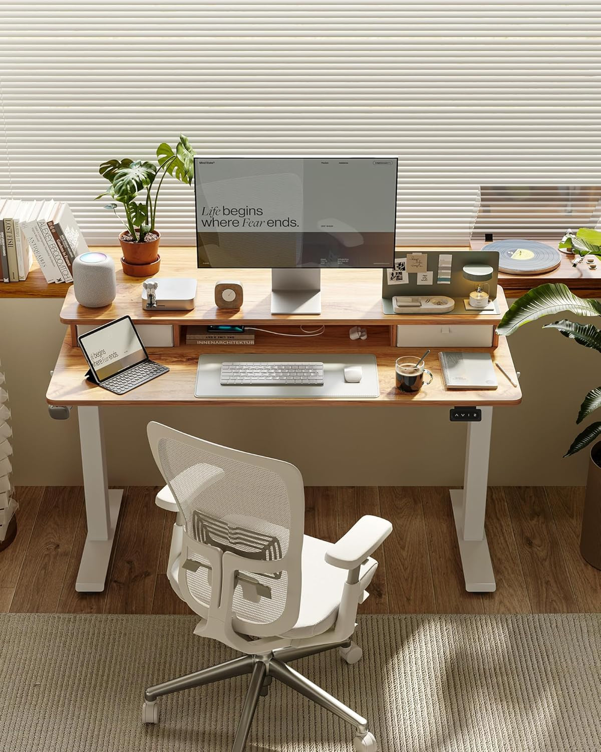 48 X 24 Inch Height Adjustable Electric Standing Desk with Double Drawer, Computer Desk, Home Office Stand up Table with 4 Height-Adjustable Feets & 2 Hooks, Light Rustic